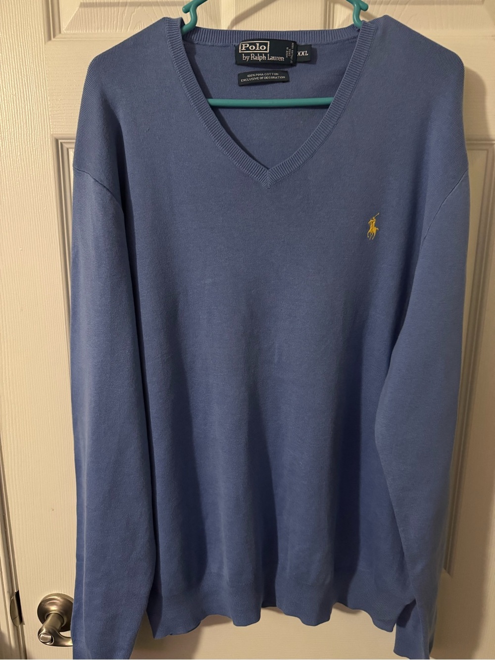 Polo by Ralph Lauren Men's V-Neck Sweater in Sky Blue with Yellow Pony